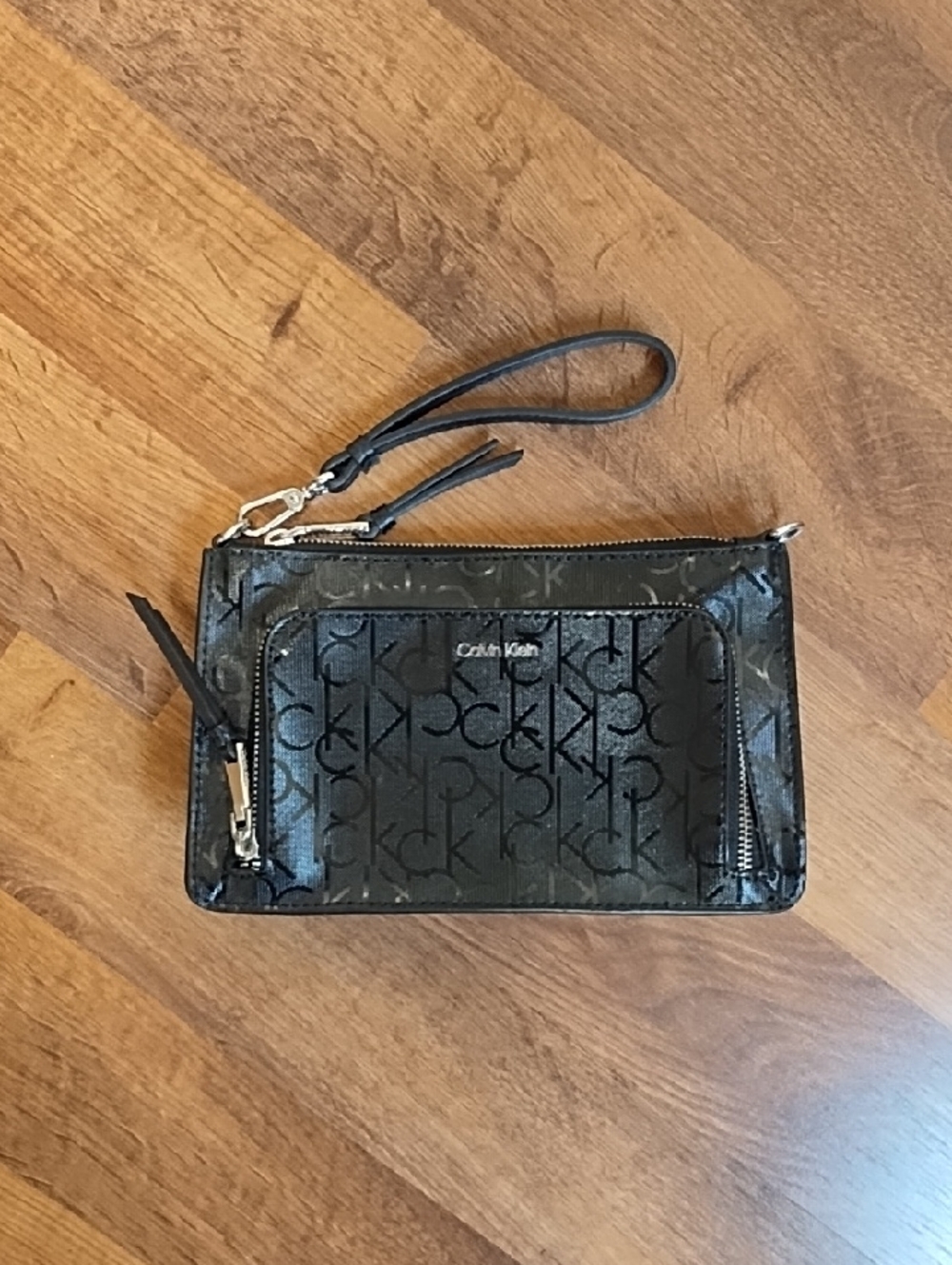 Calvin Klein Black Monogram Wristlet with Silver Hardware